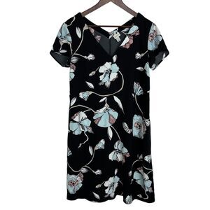 A New Day Black Floral A-line Dress V-Neck Short Sleeve Women's Medium